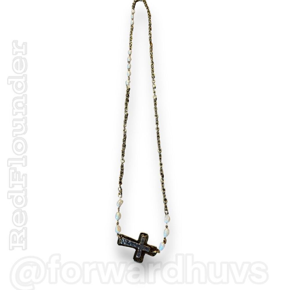 Gold Tone Cross Necklace with Simulated Pearl